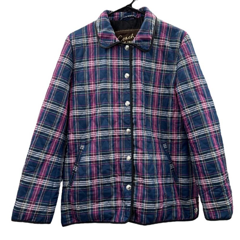 Coach Quilted Navy Blue & Purple Plaid Print Long‎ Sleeve Snap Front Jacket Sz M